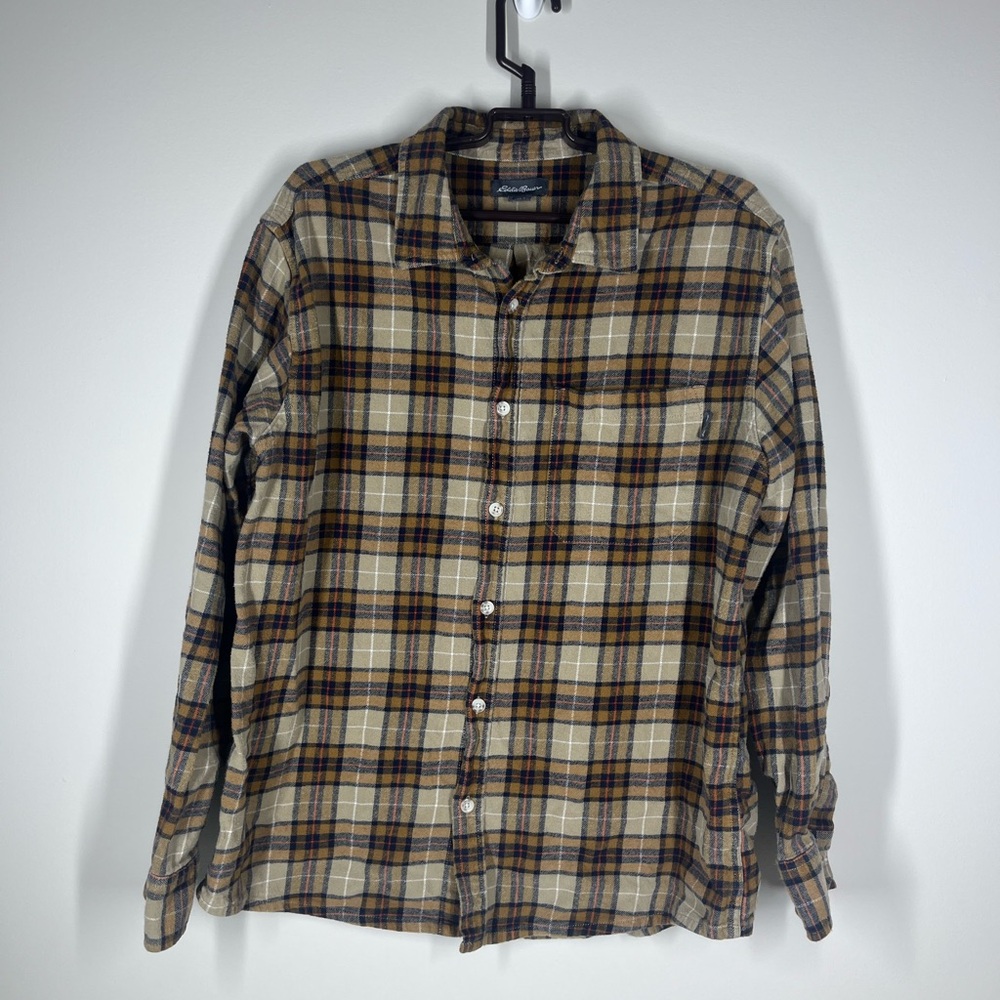 Eddie Bauer Long Sleeve Flannel Plaid Shirt L Blue Orange White Tan 100% Cotton